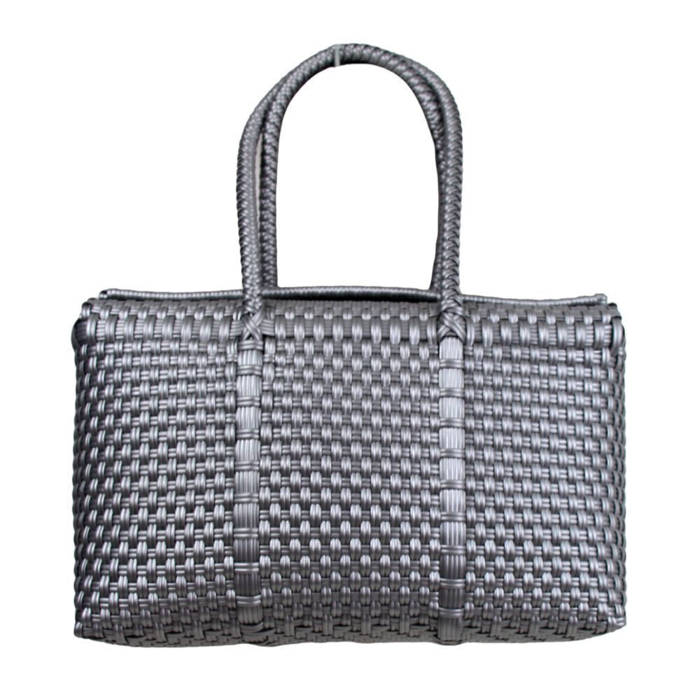 HANDCRAFTED BRAIDED SILVER GRAY PLASTIC BASKET SATCHEL SHOULDER BAG HANDBAG